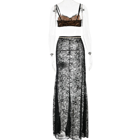 Fantoye Sexy See Through Lace Chain Women Skirt Suit White Spaghetti Strap Crop Top Print Floral Skirt Autumn New Two Piece Sets