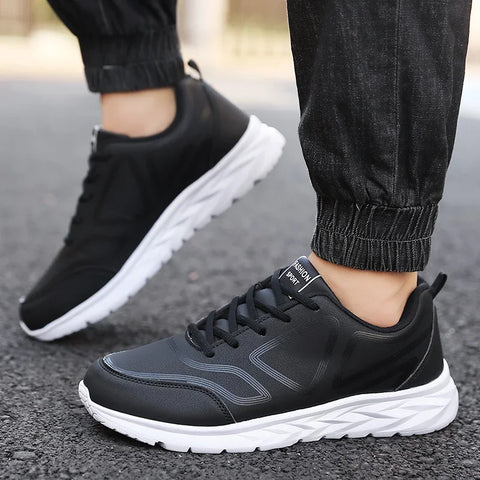 YRZL Black Running Shoes Leather Waterproof Athletic Sneakers Men Wear-resistant Men Walking Sport Shoes Comfortable Men Shoes