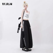 2025 Summer High Street Striped Print Black Mid Long Skirts Women's Casual High Waist Street Elastic Waist Grunge A-Line Skirt
