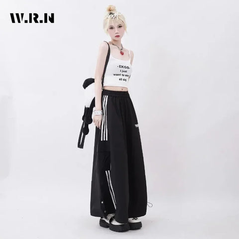 2025 Summer High Street Striped Print Black Mid Long Skirts Women's Casual High Waist Street Elastic Waist Grunge A-Line Skirt