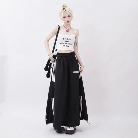 2025 Summer High Street Striped Print Black Mid Long Skirts Women's Casual High Waist Street Elastic Waist Grunge A-Line Skirt