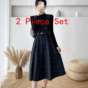 Autumn Winter Lady fashion Overalls 2 Piece Set Dress Women black Knitted Sweater Top + Plaid Tweed Slim Big Swing Midi Dress