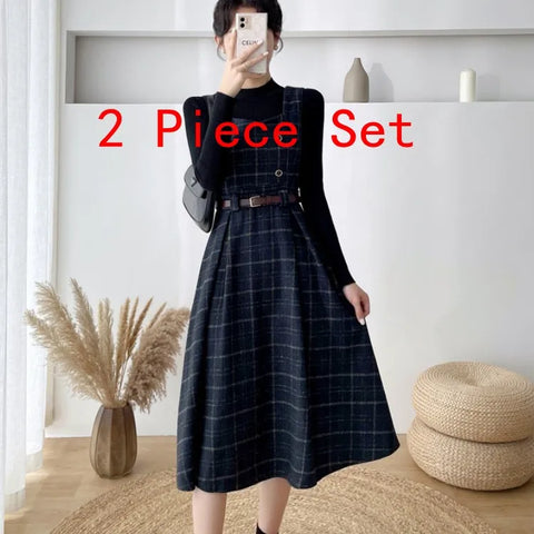 Autumn Winter Lady fashion Overalls 2 Piece Set Dress Women black Knitted Sweater Top + Plaid Tweed Slim Big Swing Midi Dress