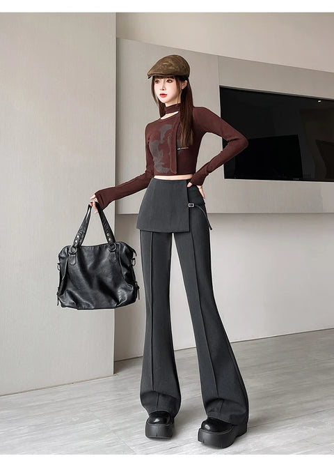 Gray Irregular High Waist Fake Two Pcs Flare Suit Pants Loose New Trousers Women Fashion Tide Spring Autumn 2025