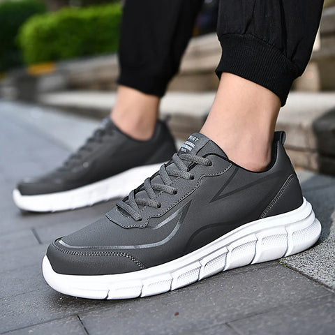 YRZL Black Running Shoes Leather Waterproof Athletic Sneakers Men Wear-resistant Men Walking Sport Shoes Comfortable Men Shoes