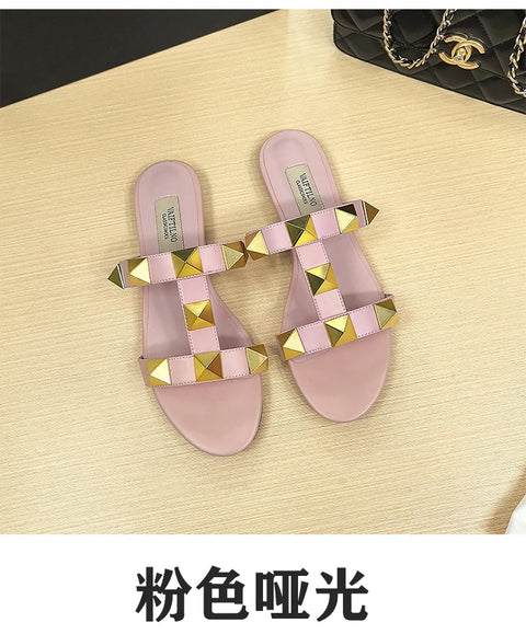 Women's flat sandals Gladiator summer 2025 luxury Brand Designer Rivets Open Toe slipper Leather Comfortable Ladies shoes Women