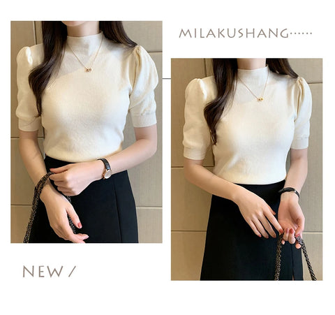 Short Sleeved Shirt Women's Summer Vest 2025 Spring Tank Knitwear Half Turtleneck Bottoming Sweater Thin Knit Shirt 18848
