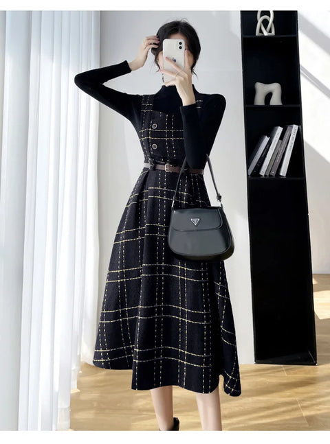 Autumn Winter Lady fashion Overalls 2 Piece Set Dress Women black Knitted Sweater Top + Plaid Tweed Slim Big Swing Midi Dress