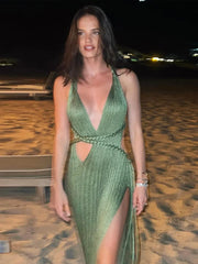 Knitted Halter Over Long Dresses Camisole V-Neck Hollow Out Strap Waist Cinching Slimming Split Beach Long Dresses Crochet Robes