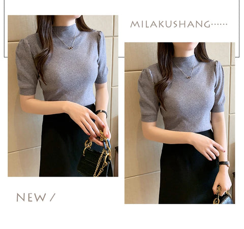 Short Sleeved Shirt Women's Summer Vest 2025 Spring Tank Knitwear Half Turtleneck Bottoming Sweater Thin Knit Shirt 18848