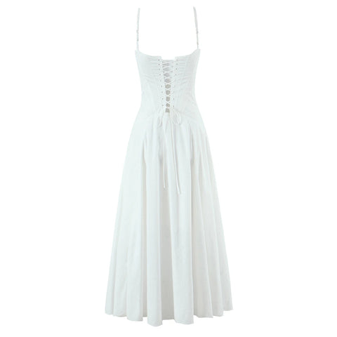 Women Dress 2025 New Fashion Summer Vintage White Lace-Panelled Cotton Dresses for Women Elegance Chic Ladies Midi Dress