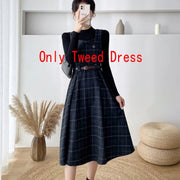 Autumn Winter Lady fashion Overalls 2 Piece Set Dress Women black Knitted Sweater Top + Plaid Tweed Slim Big Swing Midi Dress