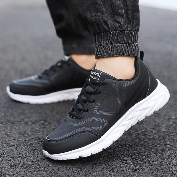 YRZL Black Running Shoes Leather Waterproof Athletic Sneakers Men Wear-resistant Men Walking Sport Shoes Comfortable Men Shoes