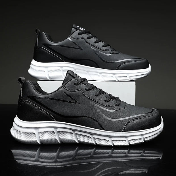 YRZL Black Running Shoes Leather Waterproof Athletic Sneakers Men Wear-resistant Men Walking Sport Shoes Comfortable Men Shoes