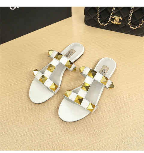 Women's flat sandals Gladiator summer 2025 luxury Brand Designer Rivets Open Toe slipper Leather Comfortable Ladies shoes Women