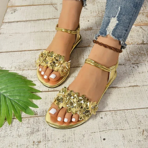 Fashion Women Sandals Summer New Style Gold Narrow Strap Ladies Flip Flops 2025outdoor Comfortable Walking Flat Shoes Large Size