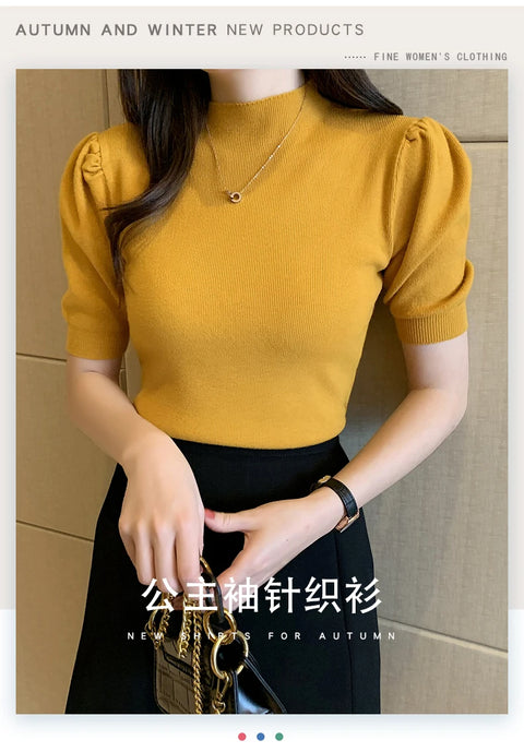 Short Sleeved Shirt Women's Summer Vest 2025 Spring Tank Knitwear Half Turtleneck Bottoming Sweater Thin Knit Shirt 18848