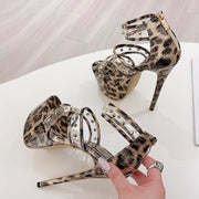 Liyke Fashion Design Metal Rivets PVC Women Zip Cover Strap Sandals Sexy Leopard Print Platform High Heels Banquet Party Shoes