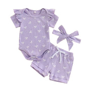 3pcs Newest Summer Toddler Infant Baby Girl Cotton Casual Outfits Set Bow Print Bodysuit+Shorts+Headband Cute Baby Clothes