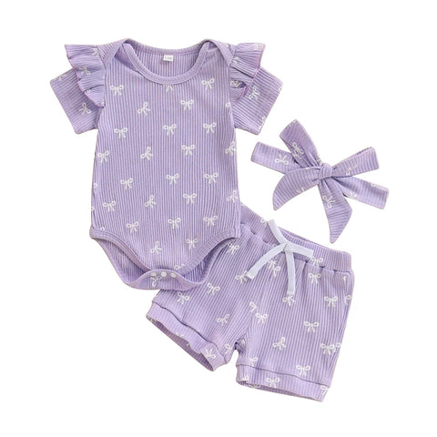 3pcs Newest Summer Toddler Infant Baby Girl Cotton Casual Outfits Set Bow Print Bodysuit+Shorts+Headband Cute Baby Clothes