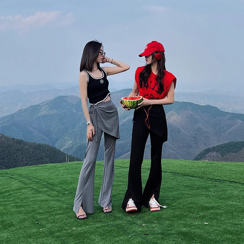 Solid Slit Full Length Flare Pants Women High Waist Elastic Fashion Korean Style Autumn Female All-match Simple Leisure Chic