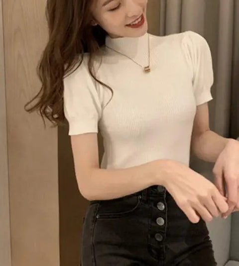 Short Sleeved Shirt Women's Summer Vest 2025 Spring Tank Knitwear Half Turtleneck Bottoming Sweater Thin Knit Shirt 18848
