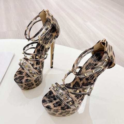 Liyke Fashion Design Metal Rivets PVC Women Zip Cover Strap Sandals Sexy Leopard Print Platform High Heels Banquet Party Shoes