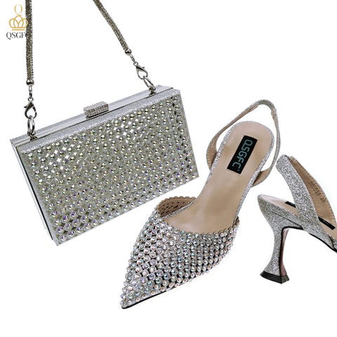 QSGFC New Arrival Popular Cutout Style Italian Design Silver Color Noble Three-Dimensional Bag With Elegant High Heels Shoes