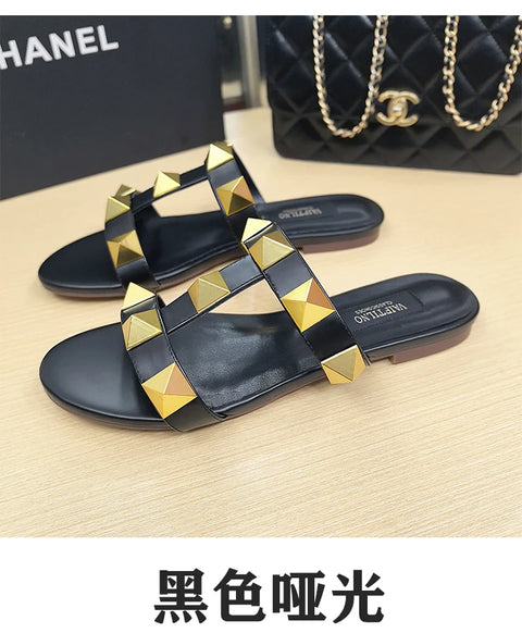 Women's flat sandals Gladiator summer 2025 luxury Brand Designer Rivets Open Toe slipper Leather Comfortable Ladies shoes Women