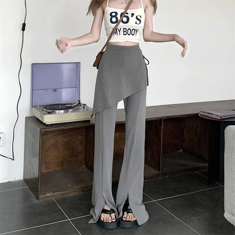 Solid Slit Full Length Flare Pants Women High Waist Elastic Fashion Korean Style Autumn Female All-match Simple Leisure Chic