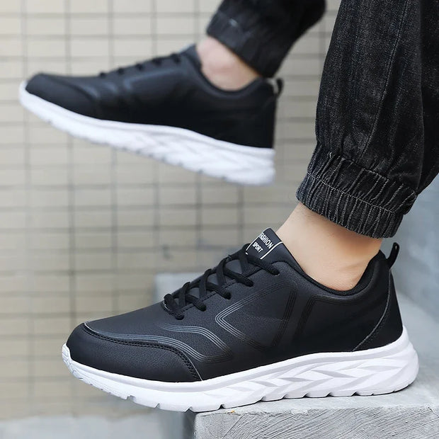 YRZL Black Running Shoes Leather Waterproof Athletic Sneakers Men Wear-resistant Men Walking Sport Shoes Comfortable Men Shoes