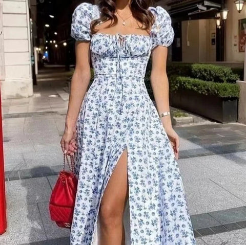 New Women Floral Dress Summer PuffSleeve Square Neck Tie Front High SplitDress Ruched Drawstring Chic DressesPrint Long