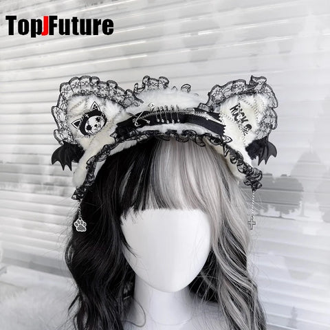 Women's lace y2k girls Gothic Lolita cosplay Harajuku wings lace headband with cat ears headband Lolita punk cosplay headband