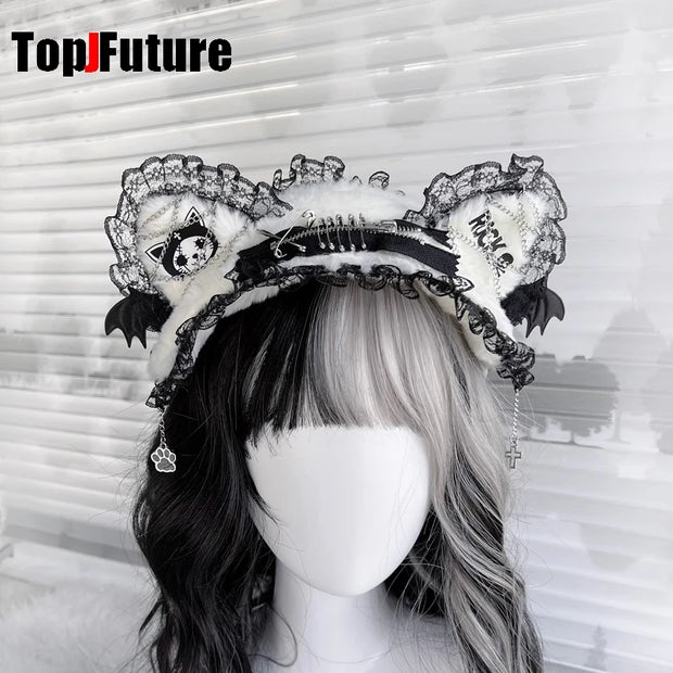 Women's lace y2k girls Gothic Lolita cosplay Harajuku wings lace headband with cat ears headband Lolita punk cosplay headband