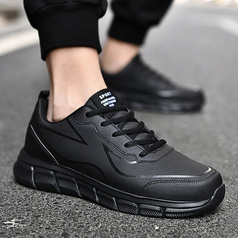 YRZL Black Running Shoes Leather Waterproof Athletic Sneakers Men Wear-resistant Men Walking Sport Shoes Comfortable Men Shoes