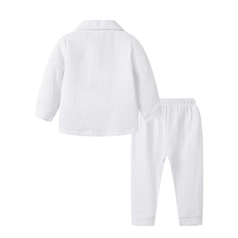 Mudkingdom Girls Boys Pajamas Set Cotton Gauze Button Down Shirts and Pants Loungewear Outfits for Kids Jammies Sleepwear Plain