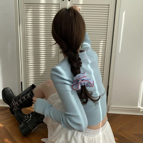 2025 New Scrunchies Red Hem Blue Striped Hair Tie Sweet Fresh Elastic Hair Band Girls Women Hair Accessories