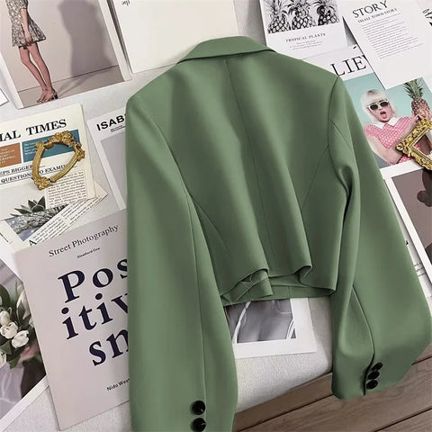 Korean Cropped Blazers Women Autumn Solid Color Simple Single-button Outwear Teens All-match Long Sleeve Office Lady Suit Jacket