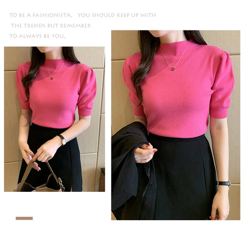 Short Sleeved Shirt Women's Summer Vest 2025 Spring Tank Knitwear Half Turtleneck Bottoming Sweater Thin Knit Shirt 18848