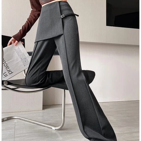Gray Irregular High Waist Fake Two Pcs Flare Suit Pants Loose New Trousers Women Fashion Tide Spring Autumn 2025
