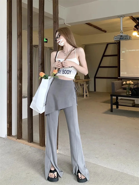 Solid Slit Full Length Flare Pants Women High Waist Elastic Fashion Korean Style Autumn Female All-match Simple Leisure Chic