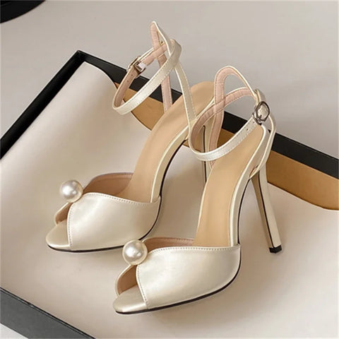 Aneikeh Satin Beaded Peep Toe Heels – Bridal Gladiator Sandals 2026