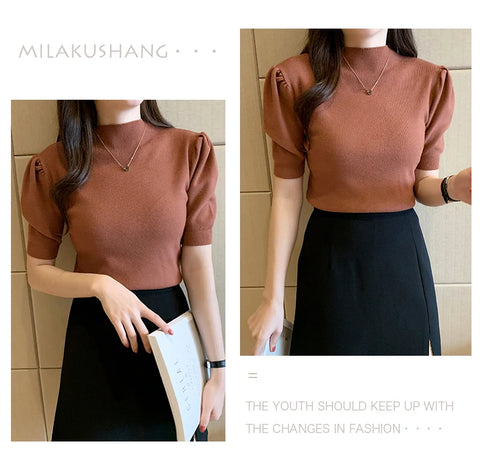 Short Sleeved Shirt Women's Summer Vest 2025 Spring Tank Knitwear Half Turtleneck Bottoming Sweater Thin Knit Shirt 18848