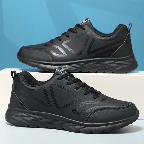 YRZL Black Running Shoes Leather Waterproof Athletic Sneakers Men Wear-resistant Men Walking Sport Shoes Comfortable Men Shoes