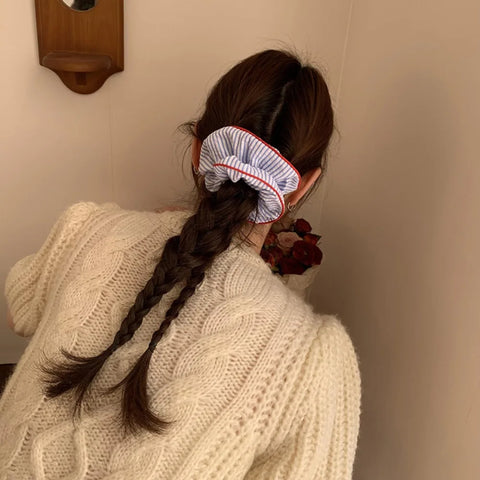 2025 New Scrunchies Red Hem Blue Striped Hair Tie Sweet Fresh Elastic Hair Band Girls Women Hair Accessories