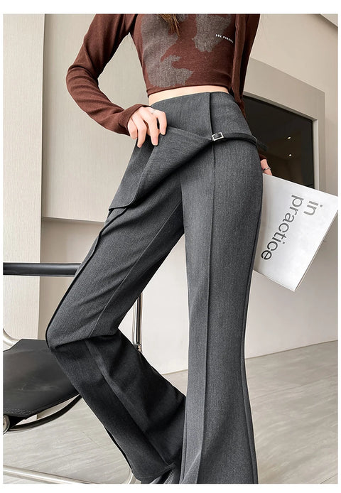 Gray Irregular High Waist Fake Two Pcs Flare Suit Pants Loose New Trousers Women Fashion Tide Spring Autumn 2025