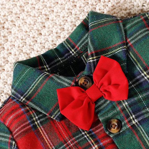 Prowow Baby Kids Christmas Outfit Sets For Boys Patchwork Plaid Necktie Shirts +Corduroy Green Overalls Newborn New Year Costume