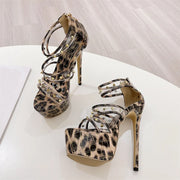 Liyke Fashion Design Metal Rivets PVC Women Zip Cover Strap Sandals Sexy Leopard Print Platform High Heels Banquet Party Shoes