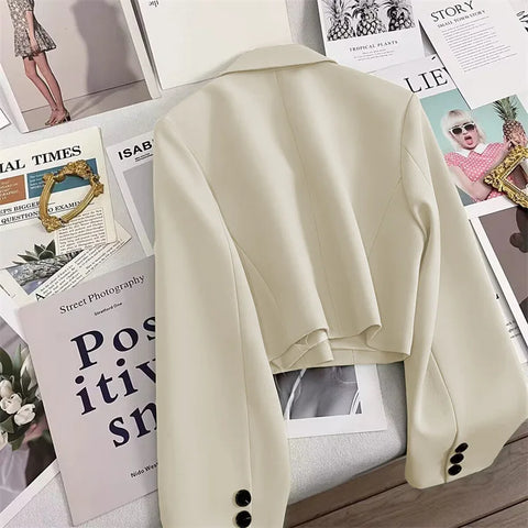 Korean Cropped Blazers Women Autumn Solid Color Simple Single-button Outwear Teens All-match Long Sleeve Office Lady Suit Jacket
