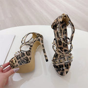 Liyke Fashion Design Metal Rivets PVC Women Zip Cover Strap Sandals Sexy Leopard Print Platform High Heels Banquet Party Shoes